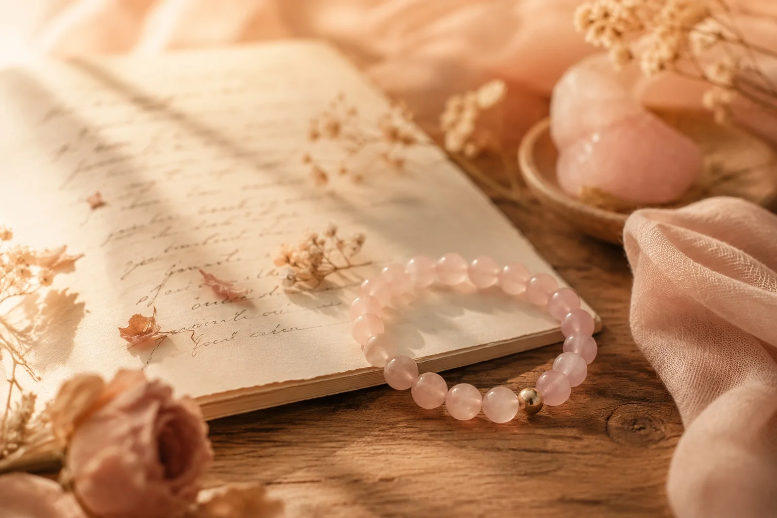 AVENSU rose quartz bracelet symbolizing emotional balance and calm energy