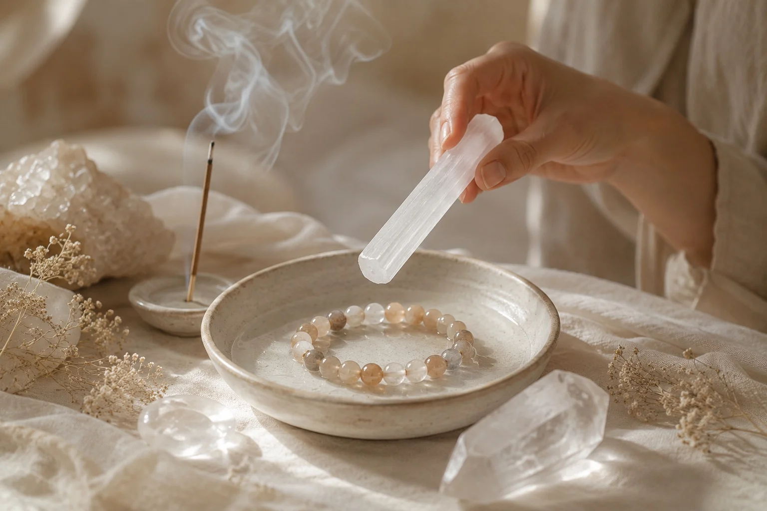 Inner calm ritual with a crystal bracelet, selenite wand, incense smoke, and soft neutral spiritual styling