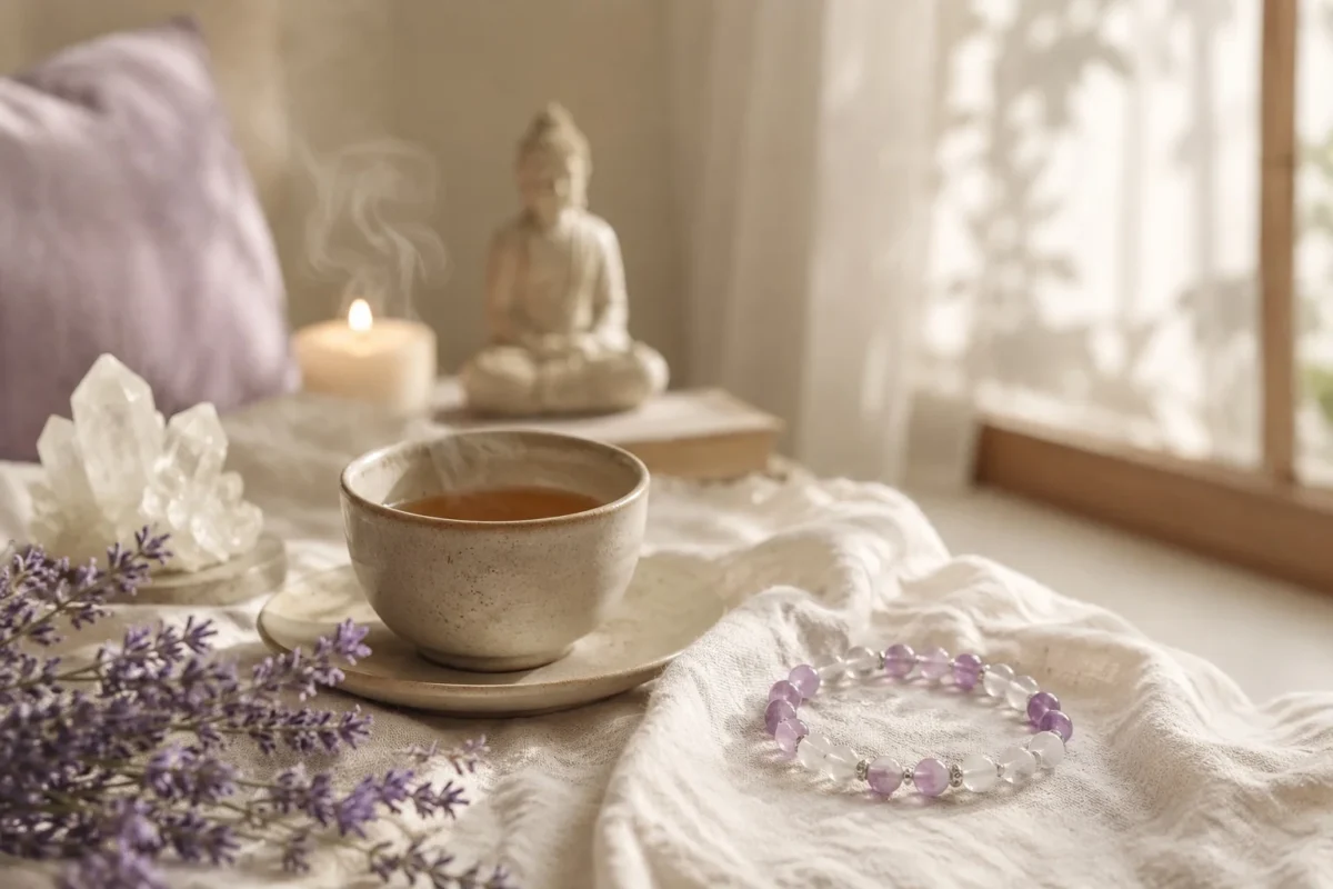 Meditation crystal ritual space with a crystal bracelet, tea cup, lavender, candle, and soft spiritual home styling