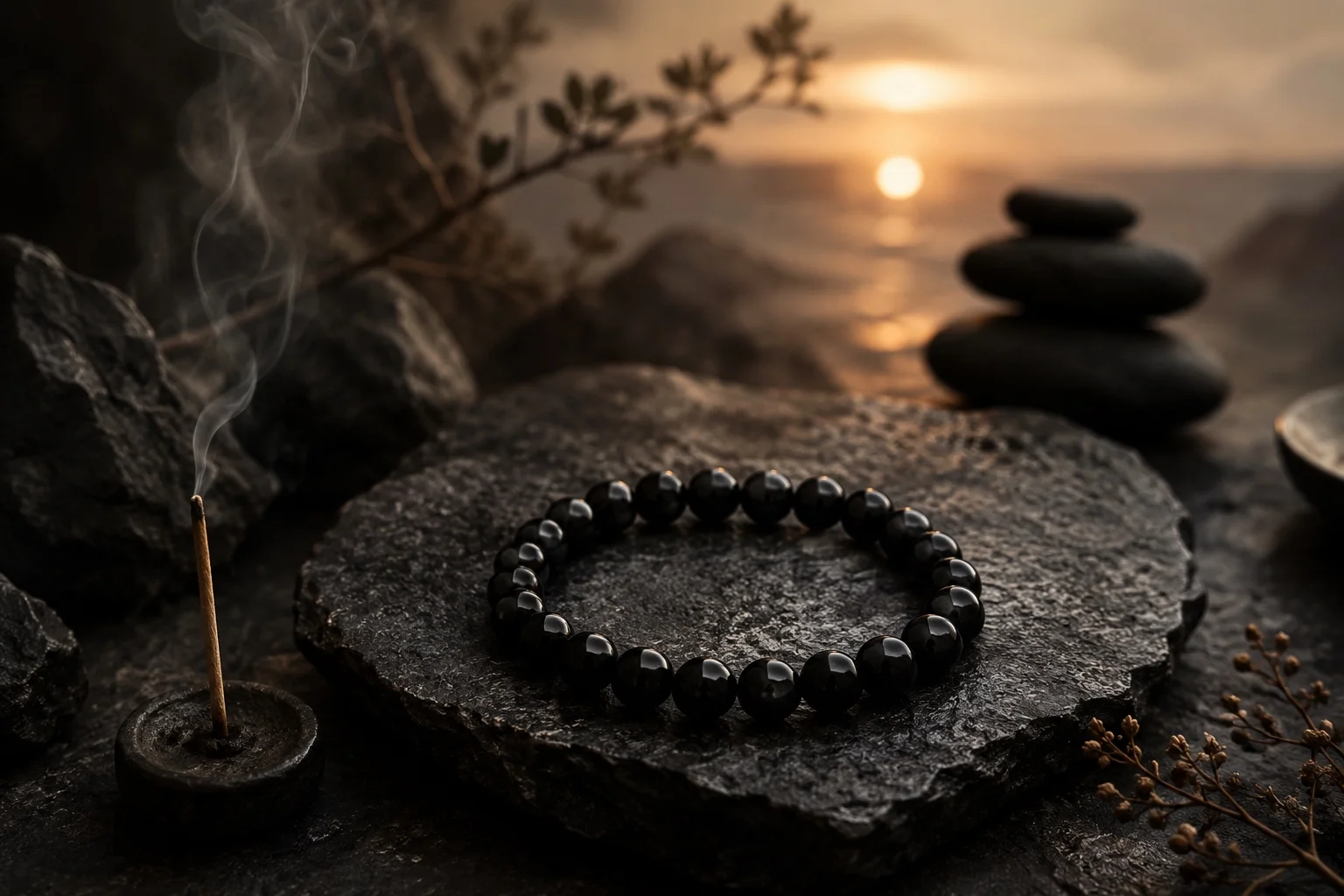 Obsidian protection energy bracelet on black stone with incense smoke, sunset light, and grounding crystal ritual styling