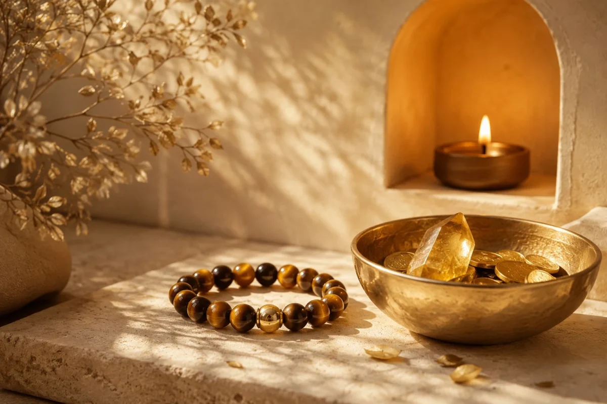 Tiger eye abundance bracelet with citrine crystal, gold coins, candlelight, and warm prosperity ritual styling