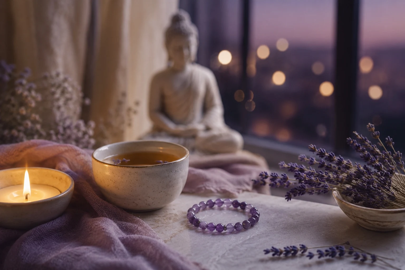 Amethyst evening meditation bracelet with lavender, candlelight, tea, Buddha statue, and peaceful purple ritual styling