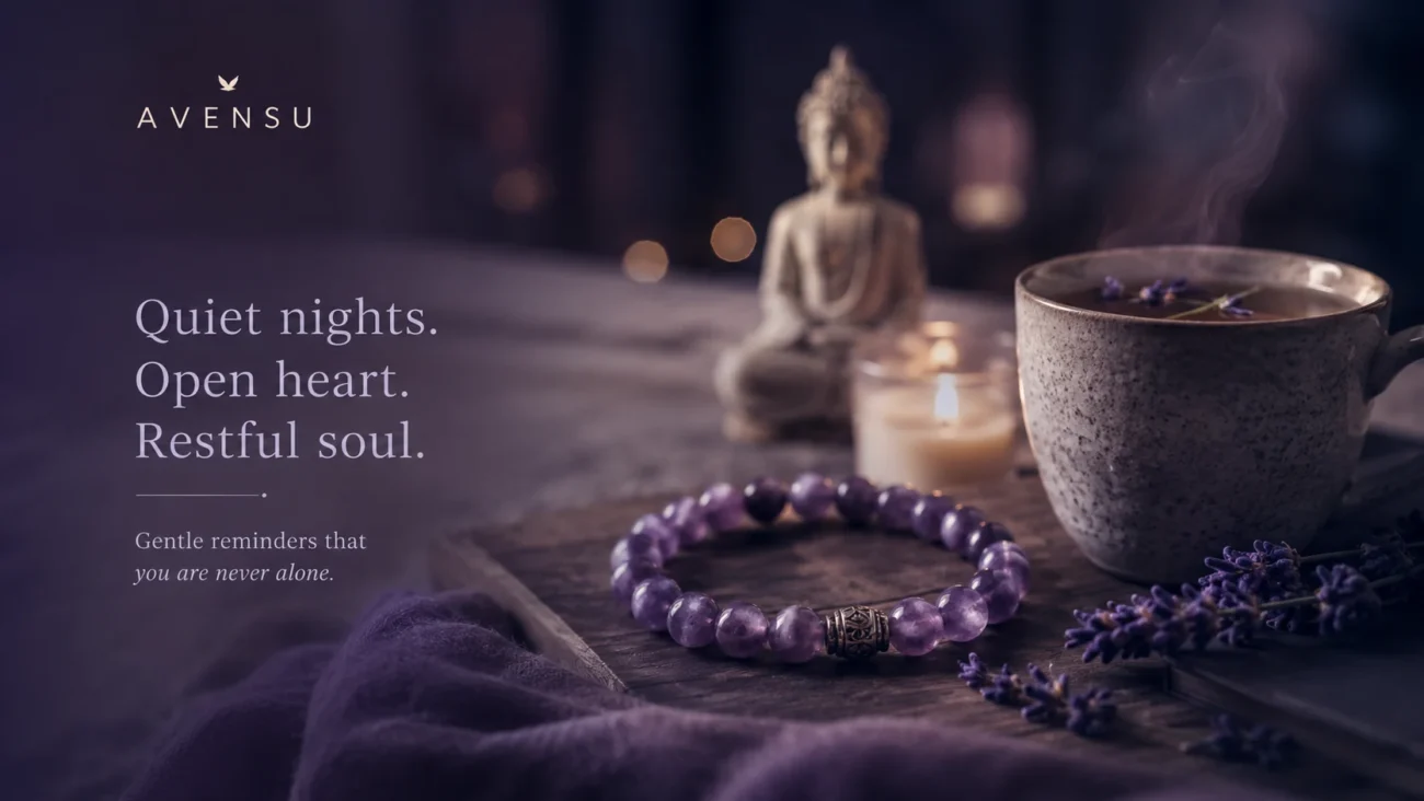 Amethyst night ritual bracelet with lavender tea, candlelight, Buddha statue, and AVENSU quiet night spiritual styling