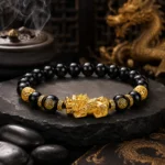 Black obsidian Golden Pixiu abundance and protection bracelet in an Eastern feng shui setting