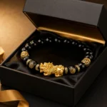Black obsidian Golden Pixiu abundance and protection bracelet displayed in an open black gift box