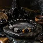 Black obsidian and tiger eye strength and protection bracelet styled with dark crystals and incense smoke
