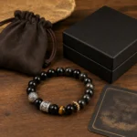 Black obsidian and tiger eye strength and protection bracelet with black gift box and velvet pouch