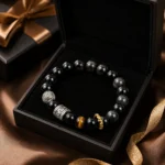 Black obsidian and tiger eye strength and protection bracelet displayed in an open black gift box