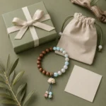 Blue gemstone and wood bead lotus bracelet gift set with jewelry box, pouch and botanical packaging