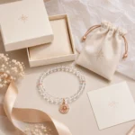 Clear quartz clarity and focus bracelet with cream gift box pouch ribbon and star card flatlay packaging