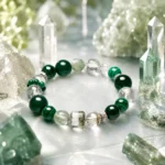 Emerald green mixed crystal bracelet displayed in a crystal scene with green gemstones and clear crystal towers