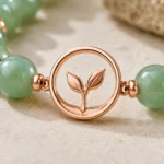 Close-up of green aventurine growth and renewal bracelet with rose gold leaf charm