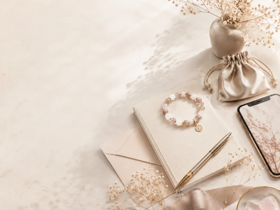 AVENSU pink crystal bracelet on a journal with dried flowers and a soft jewelry pouch