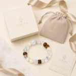 Mixed stone wood and crystal bead bracelet with jewelry box pouch tissue paper and gift card
