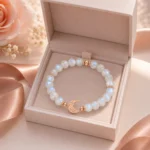 Moonstone intuition and new beginnings bracelet with rose gold crescent moon charm in open gift box