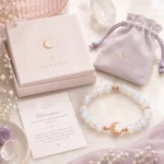 Moonstone bracelet with crescent moon charm, AVENSU gift box, pouch and meaning card