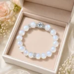 Moonstone square crystal bracelet displayed in an open ivory jewelry gift box