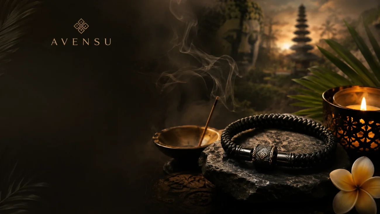 Black protection bracelet ritual with braided bracelet, incense smoke, candlelight, tropical leaves, and temple-inspired AVENSU styling