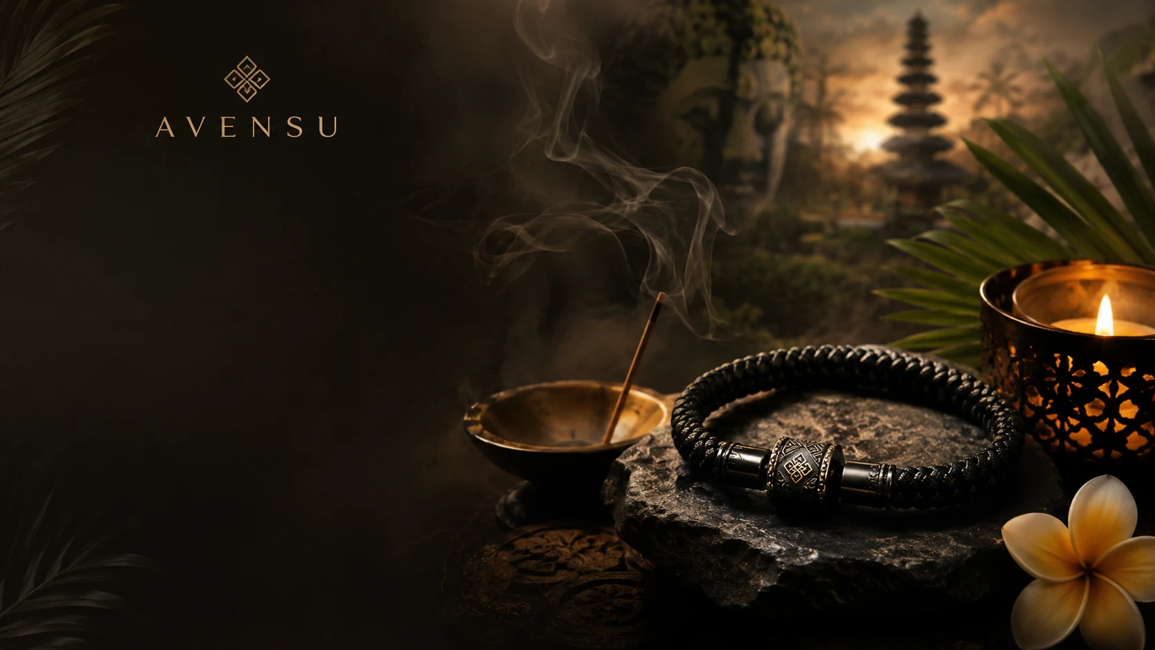 Black protection bracelet ritual with braided bracelet, incense smoke, candlelight, tropical leaves, and temple-inspired AVENSU styling