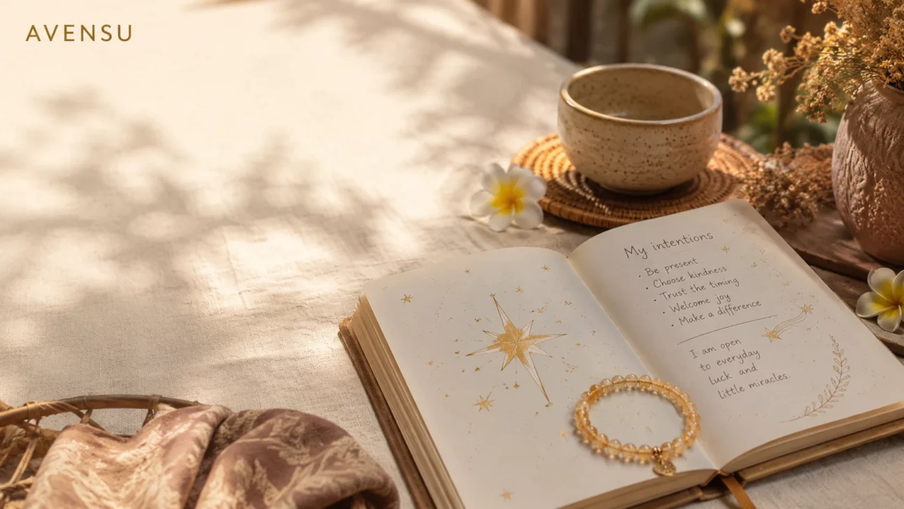 Citrine intention ritual with yellow crystal bracelet, intention journal, tea cup, flowers, and warm AVENSU sunlight