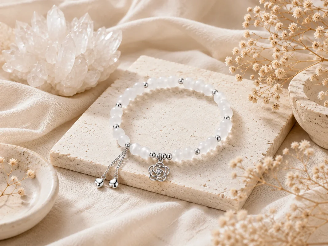 Clear quartz bracelet with silver flower charm, crystal cluster, soft white flowers, natural stone, and AVENSU cleansing ritual styling