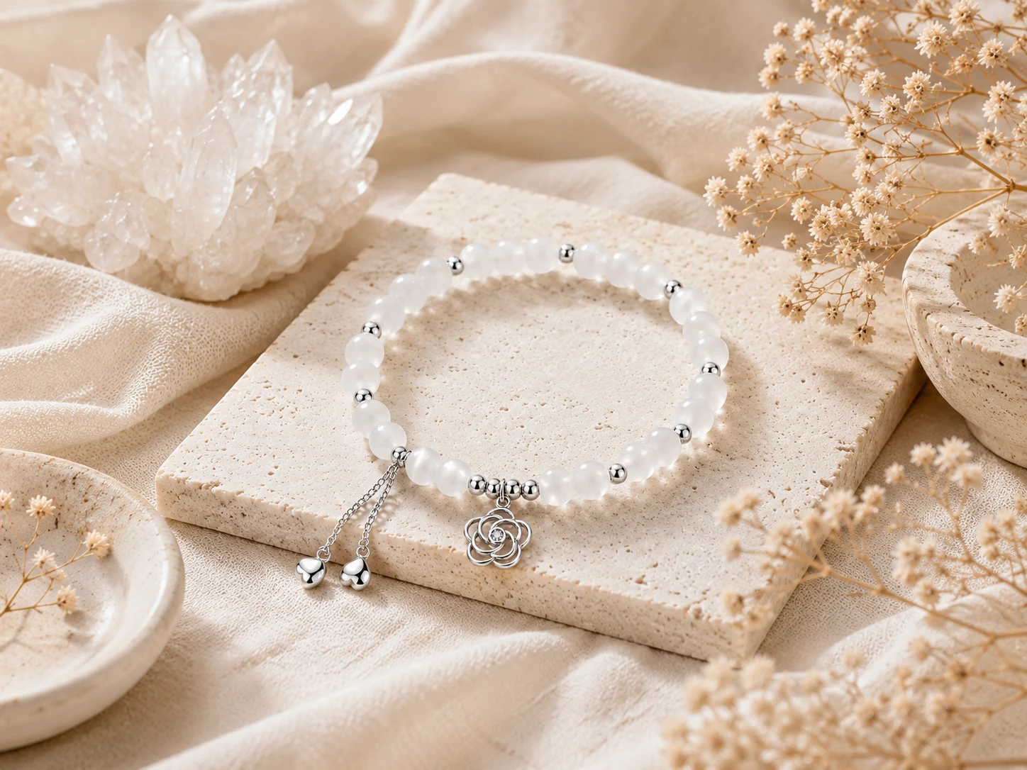 Clear quartz bracelet with silver flower charm, crystal cluster, soft white flowers, natural stone, and AVENSU cleansing ritual styling