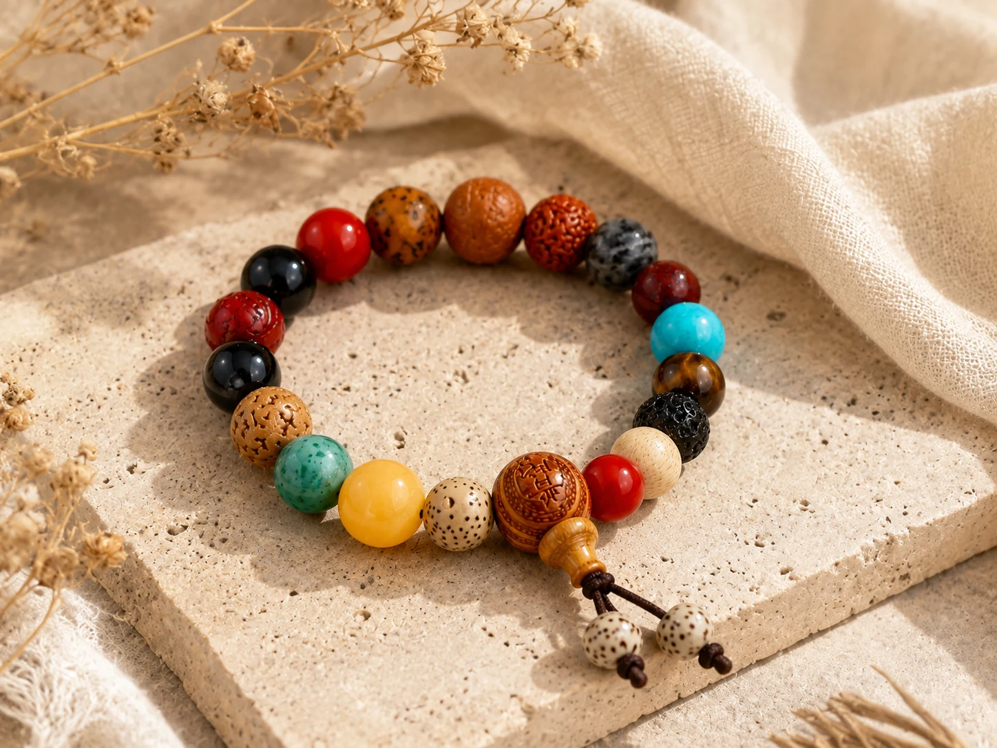 Five elements bracelet with multicolor gemstone and carved beads, wooden focal bead, tassel details, natural stone, dried flowers, and AVENSU balance styling