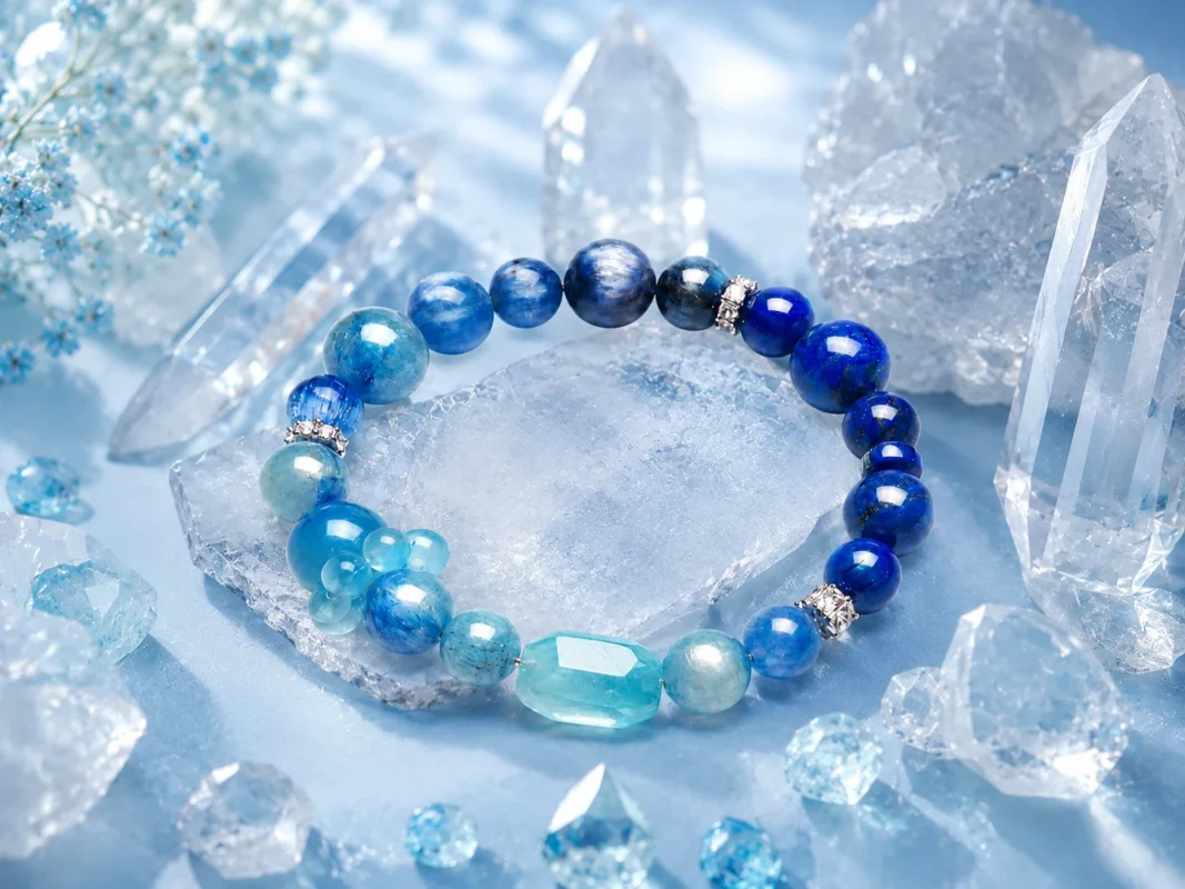 Gemini communication bracelet with deep blue and pale aqua gemstone-style beads, silver spacers, clear crystals, and an icy blue zodiac ritual setting