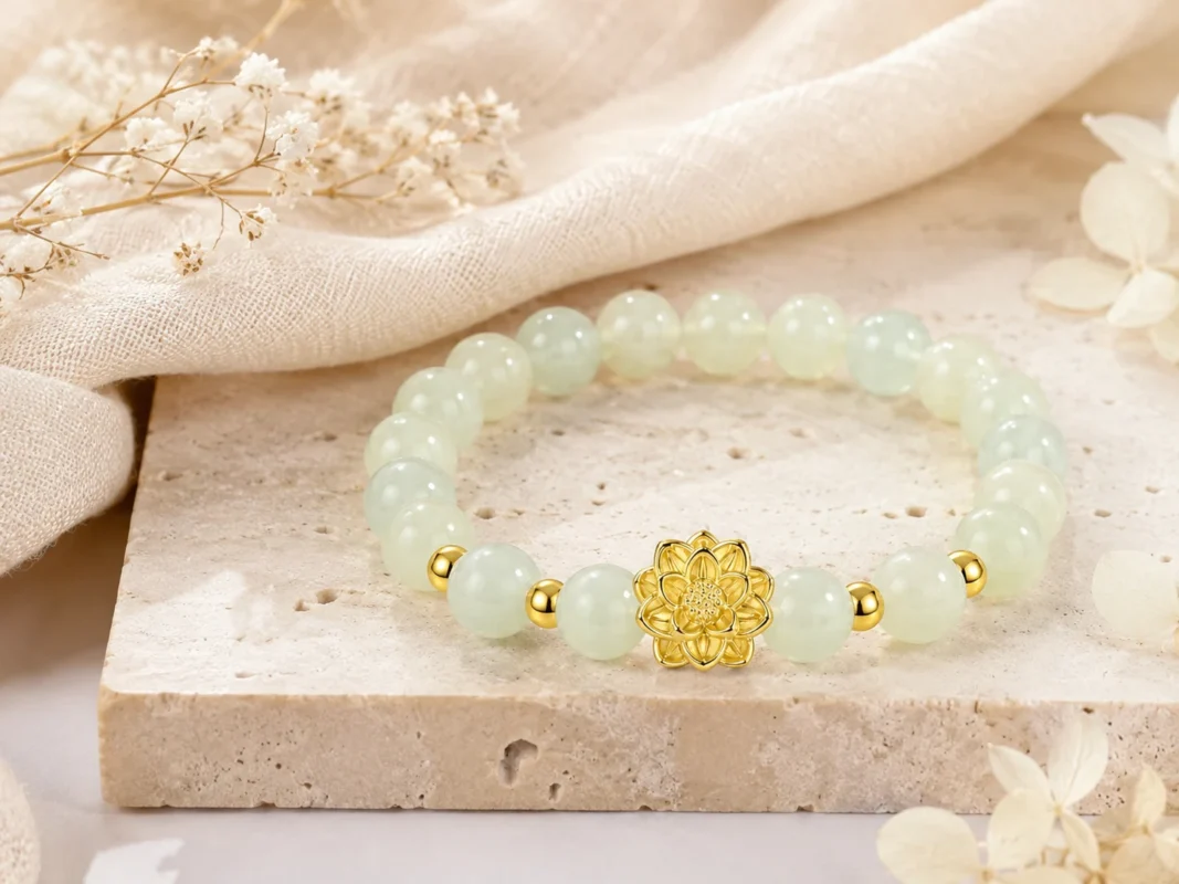Green jade bracelet with pale translucent beads, gold lotus charm, gold spacers, white flowers, natural stone, and AVENSU renewal styling