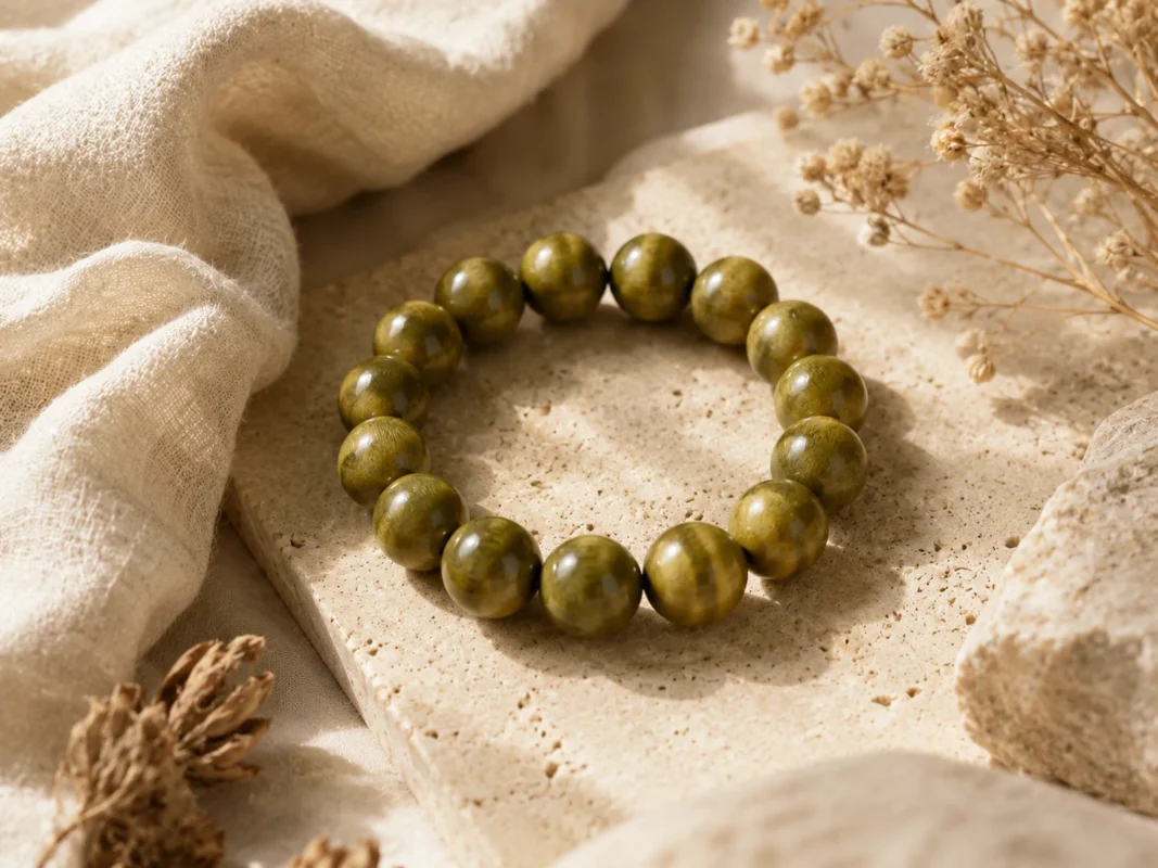Green tiger eye bracelet with polished olive beads, natural stone background, cream linen, dried flowers, and AVENSU grounding styling