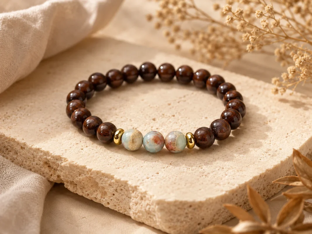 Mahogany obsidian bracelet with glossy brown beads, multicolor jasper accent beads, gold spacers, natural stone, dried flowers, and AVENSU grounding styling