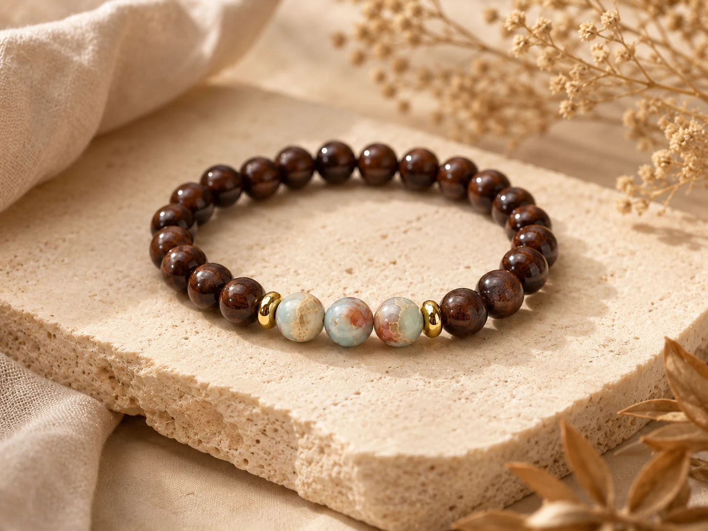 Mahogany obsidian bracelet with glossy brown beads, multicolor jasper accent beads, gold spacers, natural stone, dried flowers, and AVENSU grounding styling