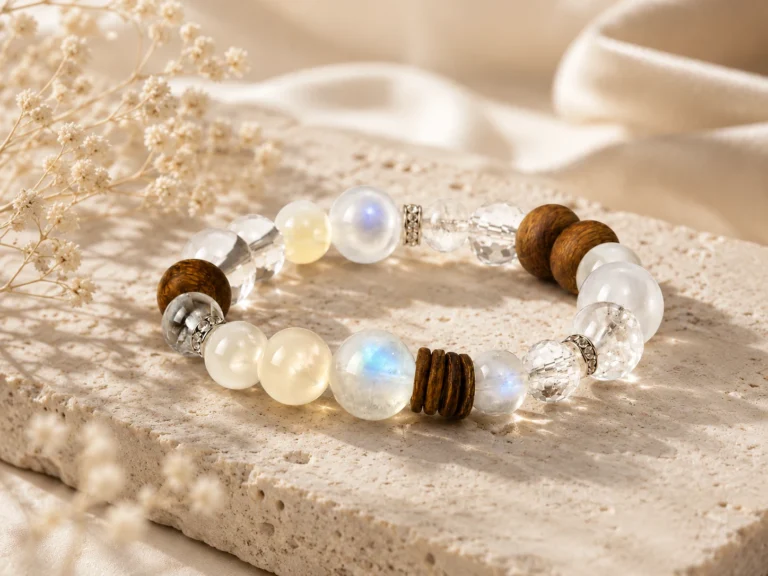 Moonstone balance ritual bracelet with iridescent beads, clear crystal accents, and natural wood details on a soft neutral stone surface