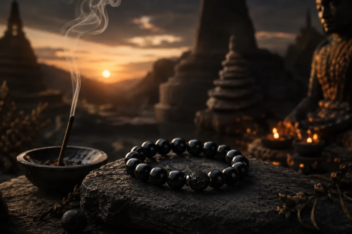 Obsidian grounding protection bracelet with incense smoke, temple-inspired sunset ritual space, black stone, and calm spiritual energy