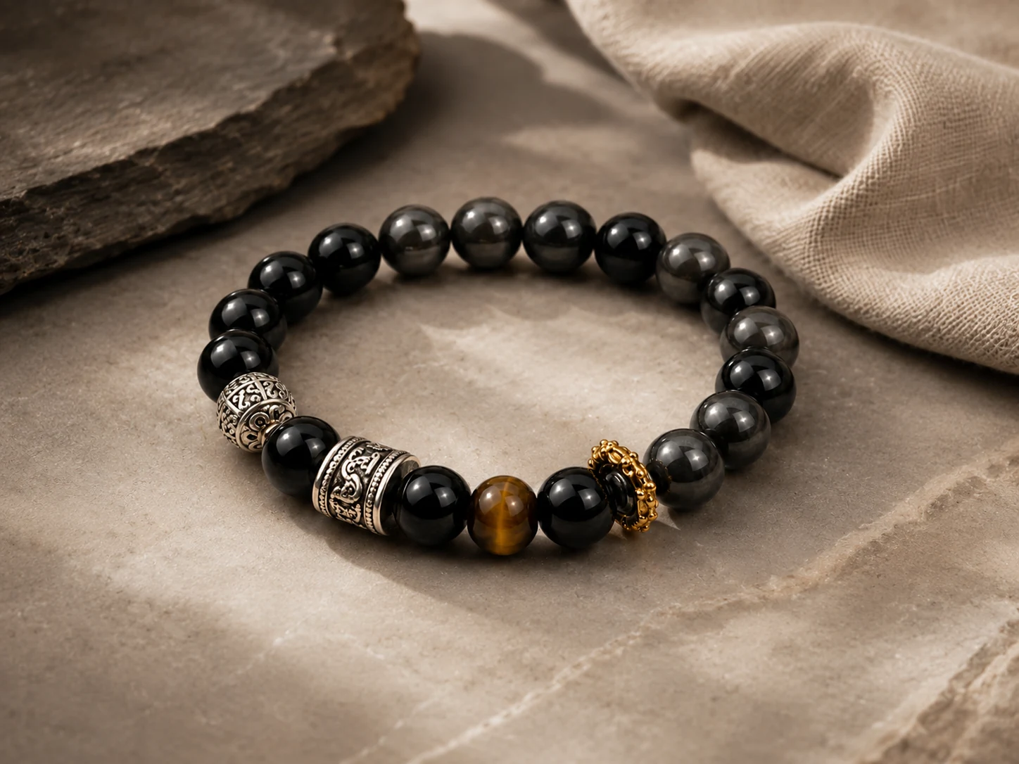Obsidian tiger eye bracelet with glossy black and gray beads, tiger eye centerpiece, engraved silver spacers, gold accent, natural stone, and AVENSU protection styling