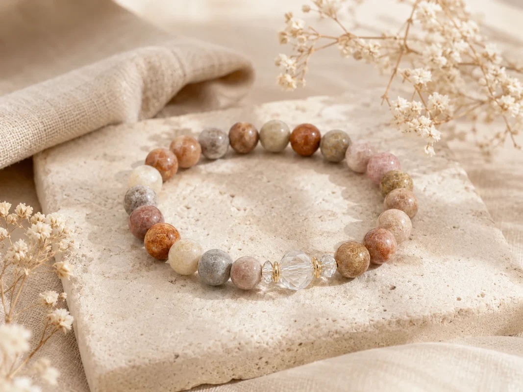 Ocean jasper bracelet with multicolor earthy beads, faceted clear crystal centerpiece, dried white flowers, natural stone, and AVENSU balance ritual styling