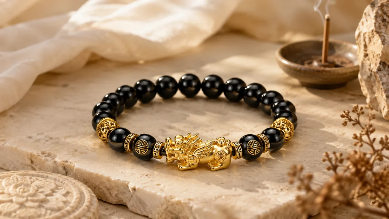 Pixiu obsidian bracelet with gold Pixiu charm, black crystal beads, incense smoke, warm stone background, and feng shui ritual styling
