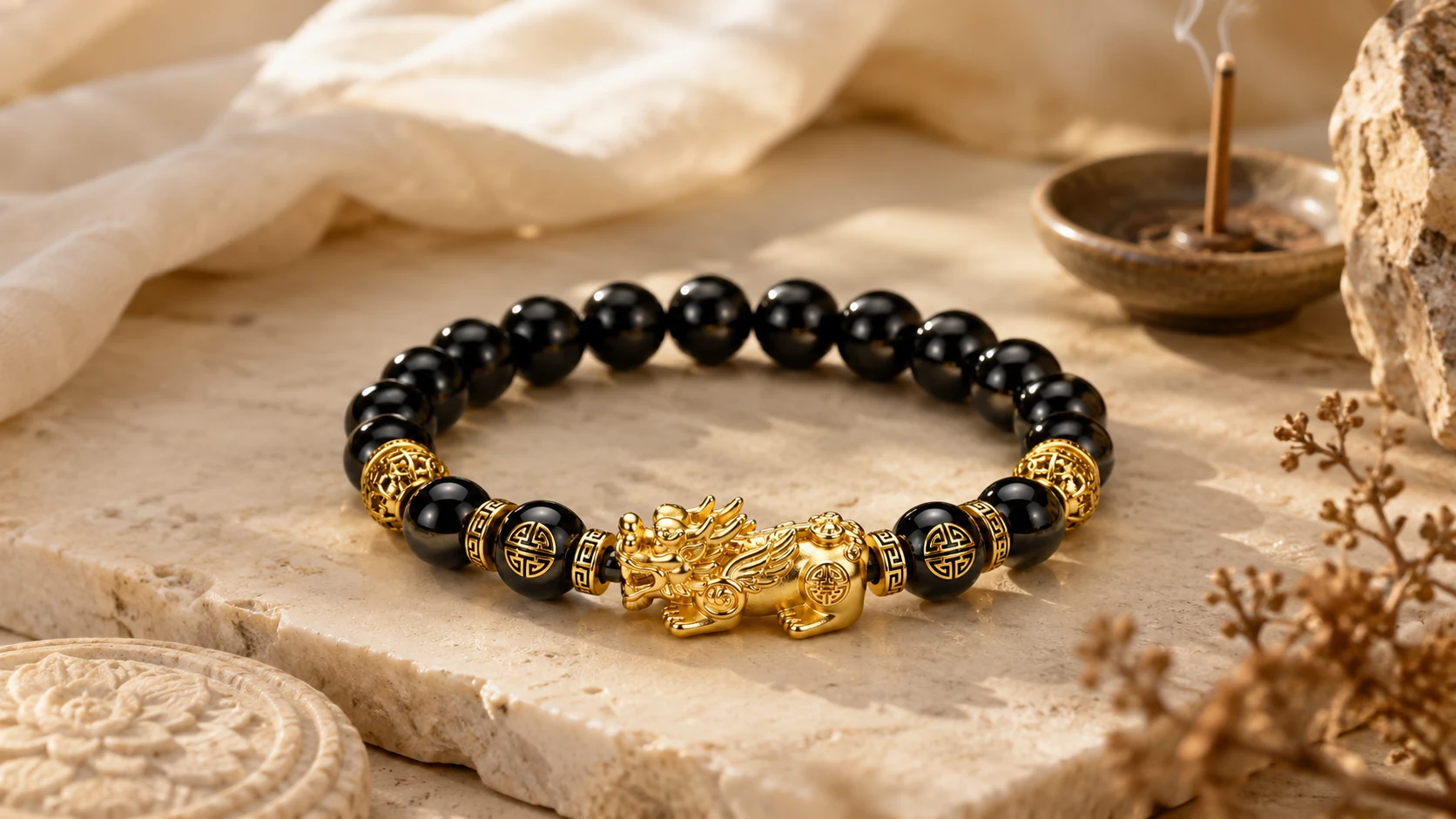 Pixiu obsidian bracelet with gold Pixiu charm, black crystal beads, incense smoke, warm stone background, and feng shui ritual styling