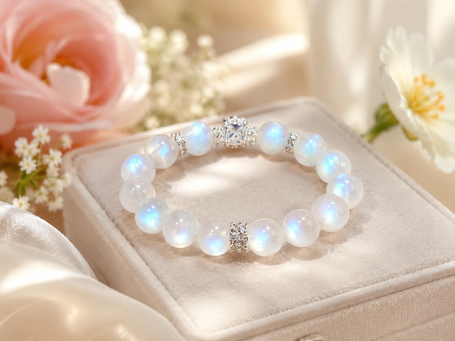 Rainbow moonstone bracelet with luminous white beads, blue flash, silver crystal spacers, square centerpiece, flowers, and AVENSU intuition styling