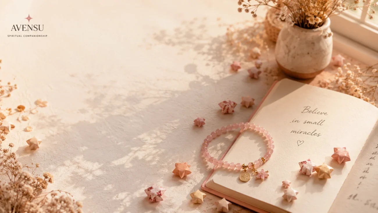 Rose quartz bracelet ritual on a journal with small miracles message, soft pink stars, AVENSU logo, flowers, and warm sunlight