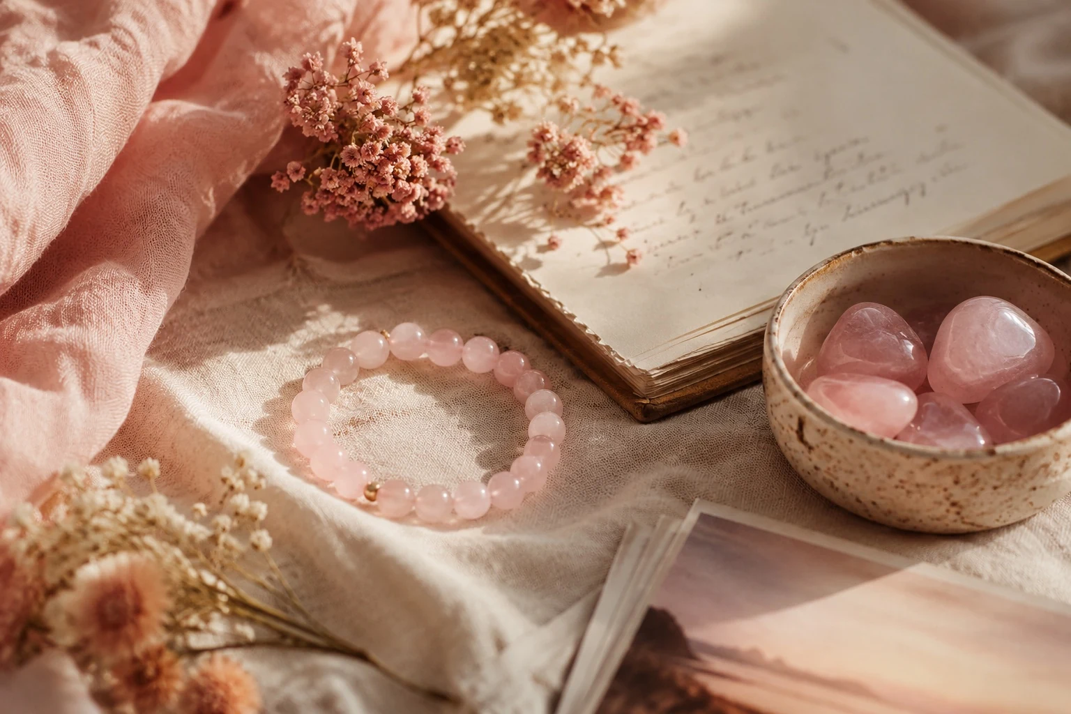 Rose quartz self love bracelet with pink crystals, journal, soft flowers, warm light, and gentle mindful ritual styling