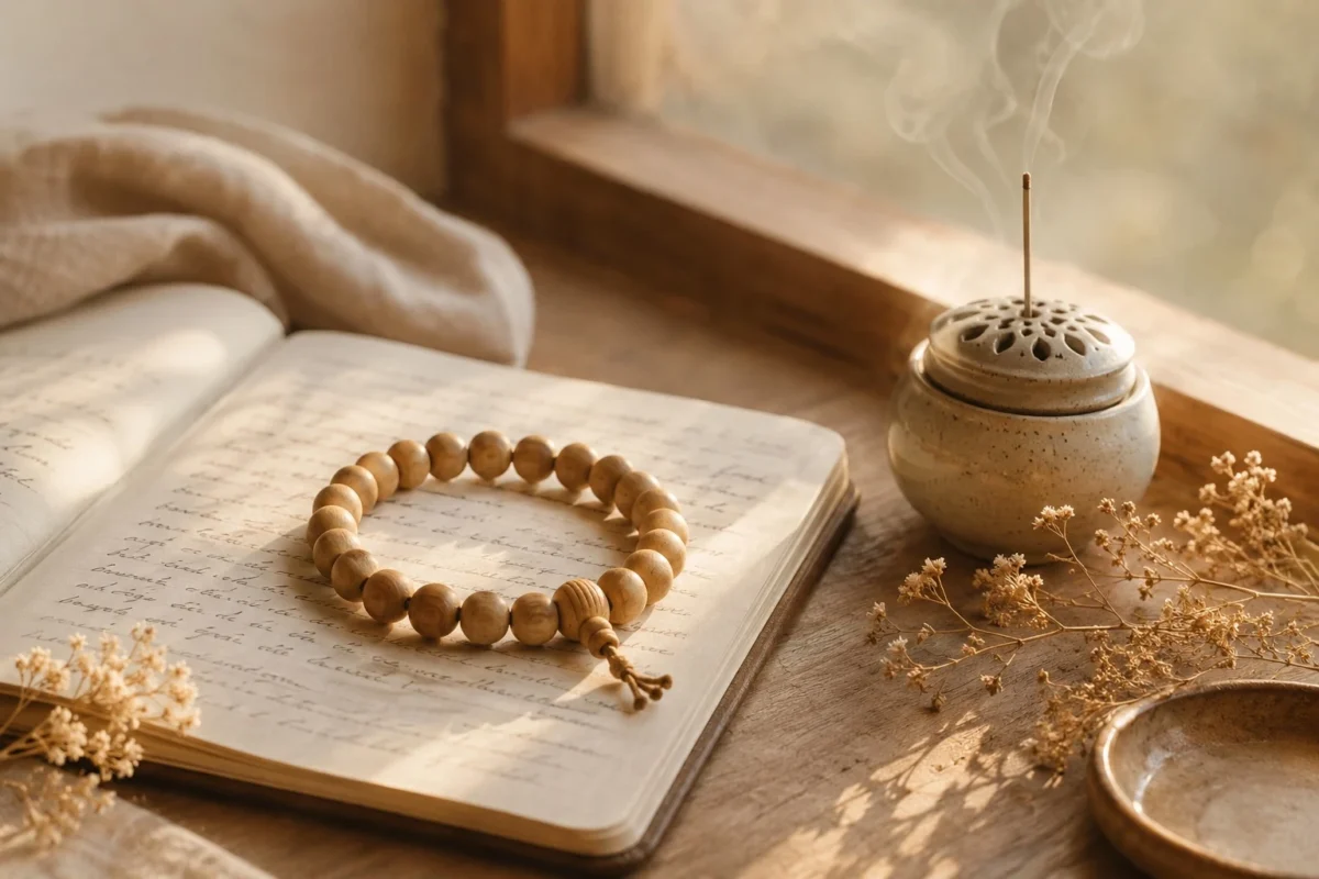 Wooden bracelet ritual on an open journal with incense smoke, dried flowers, warm sunlight, and peaceful mindful styling