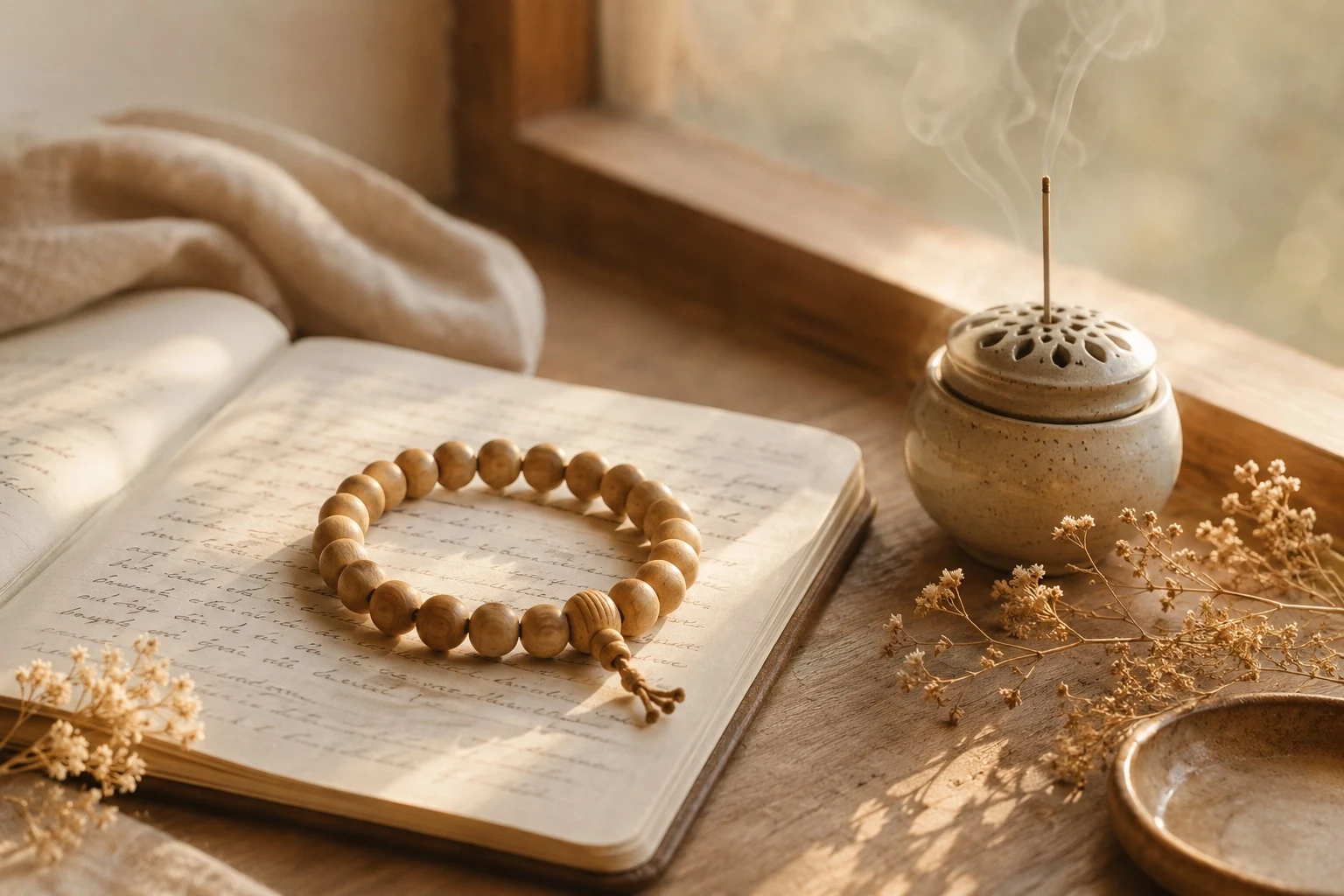 Wooden bracelet ritual on an open journal with incense smoke, dried flowers, warm sunlight, and peaceful mindful styling