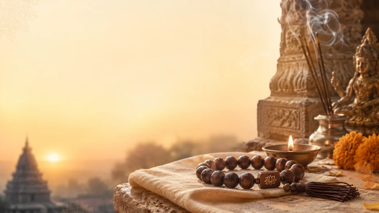 Wooden grounding bracelet ritual with lotus charm, incense, candlelight, temple-inspired sunrise, and AVENSU spiritual styling