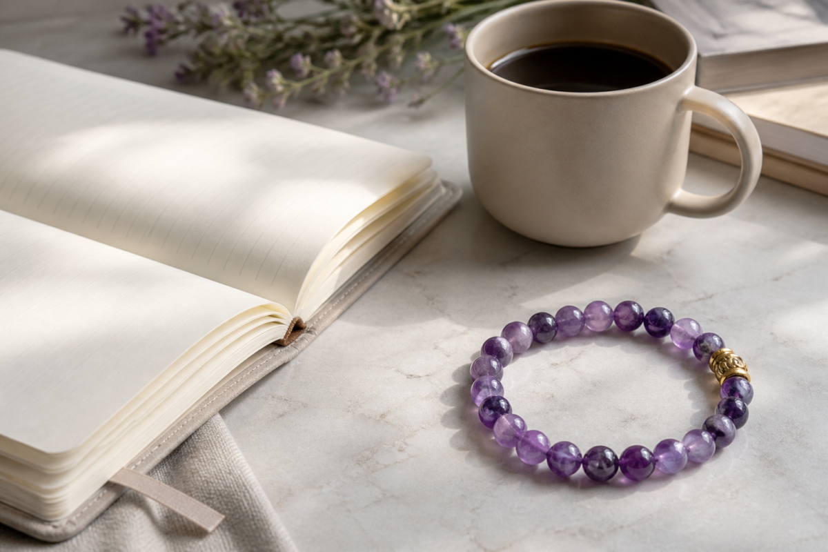 Amethyst bead bracelet beside a neutral notebook and ceramic coffee cup
