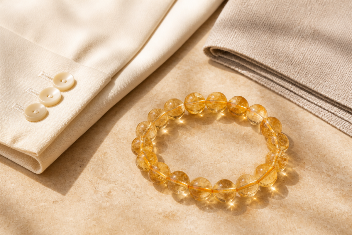 Golden citrine bead bracelet styled with cream fabric and a neutral outfit palette