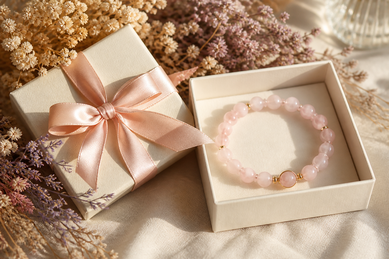 Rose quartz bead bracelet presented in a cream gift box with ribbon and dried flowers