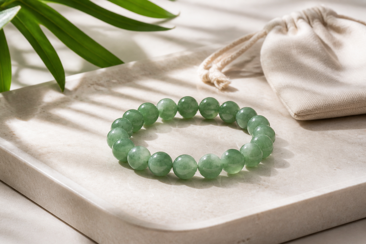 Green aventurine bead bracelet on a pale stone tray with a linen pouch