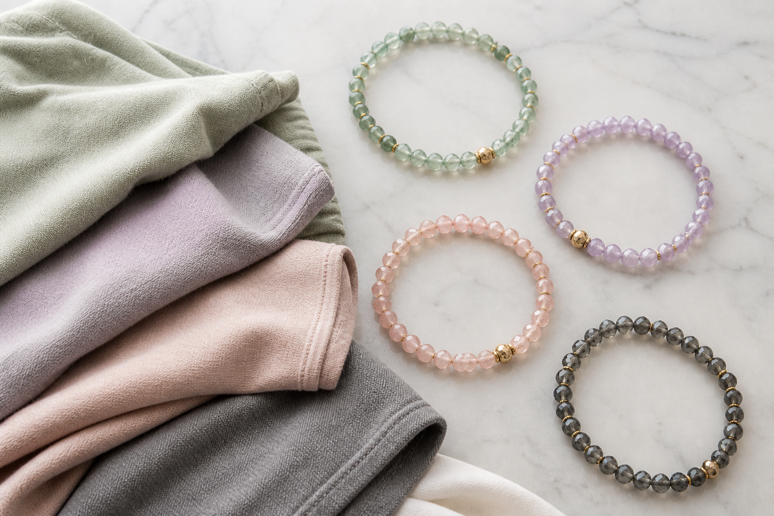 Four crystal bead bracelets in sage green lavender blush and smoky grey beside fabric swatches