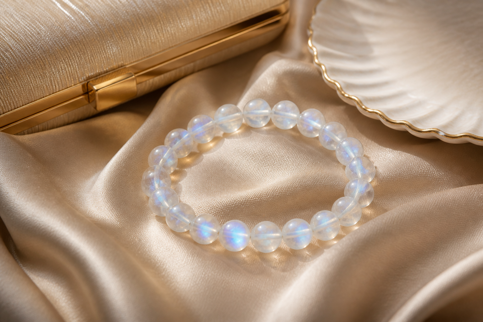 Moonstone bead bracelet on champagne silk beside an evening clutch and pearl-toned dish